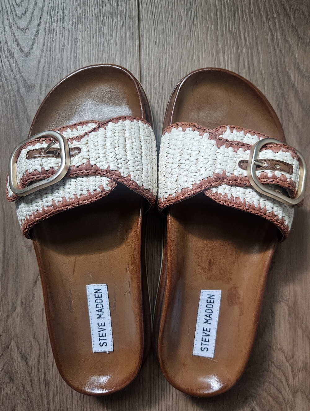 Steve Madden White Woven Slide Sandals with Brown Trim and Buckle